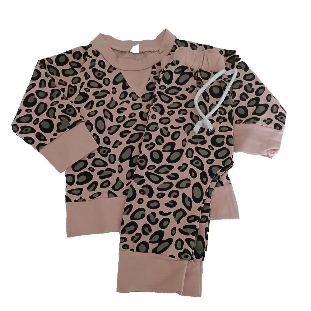 Girls 100% Cotton Leopard Pink 2-Piece Long Sleeve Outfit Side Slits Cute - Picture 3 of 6
